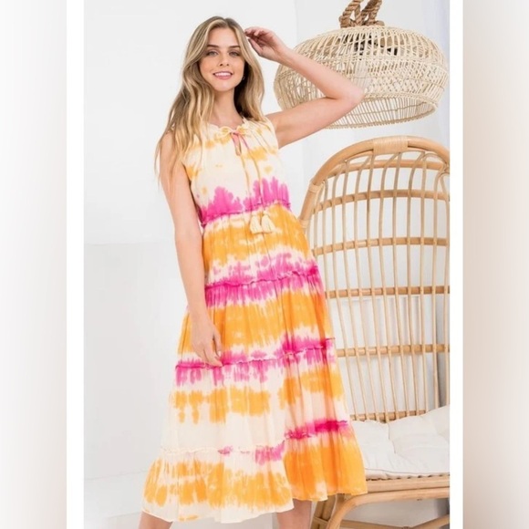 THML Dresses & Skirts - THML Tie Dyed Tiered Boho Midi Dress Size Small